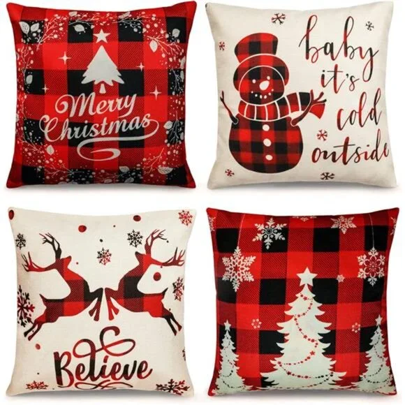 Farmhouse Christmas Pillow Covers - 18x18 Inch Set of 4, Sofa Couch - Picture 1 of 7